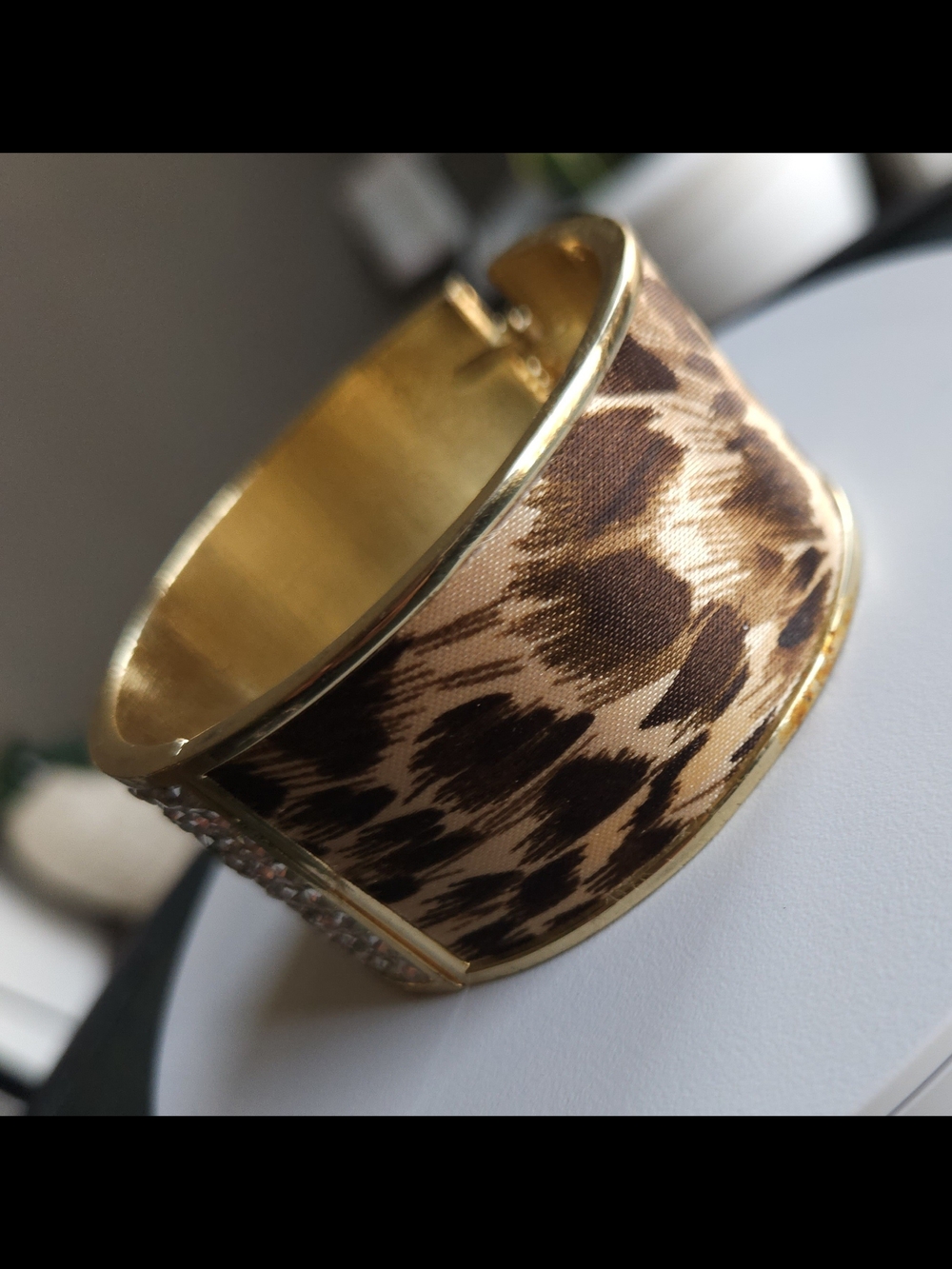 Vintage Gold-Tone Leopard & Pavé Rhinestone Hinged Cuff